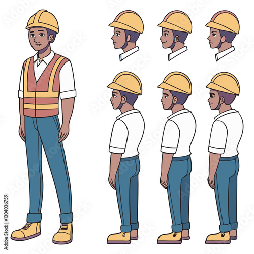 Construction worker, builder in helmet, vest, uniform vector illustration. Character constructor for animation. Front, side, and back view set. Body parts, postures, poses collection