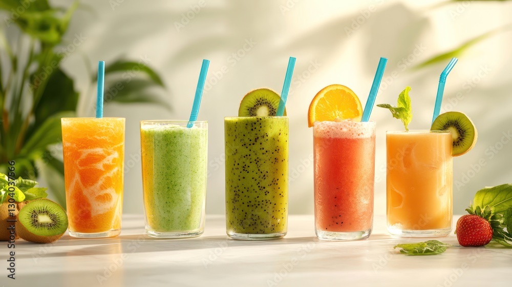 Fototapeta premium Five refreshing fruit smoothies on table, sunlight, greenery background; perfect for healthy lifestyle ads