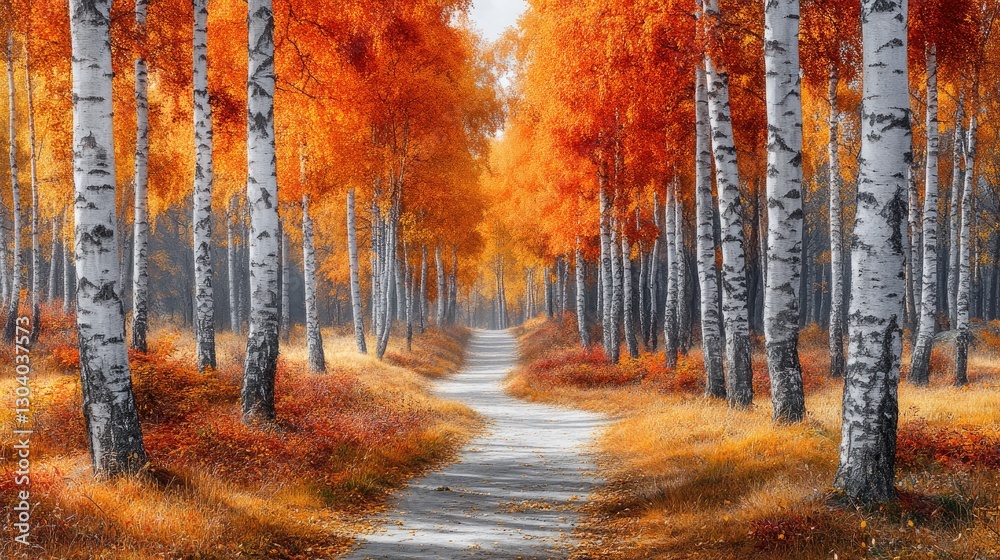 Fototapeta premium Autumn path birch forest; colorful leaves, misty background, scenic walk