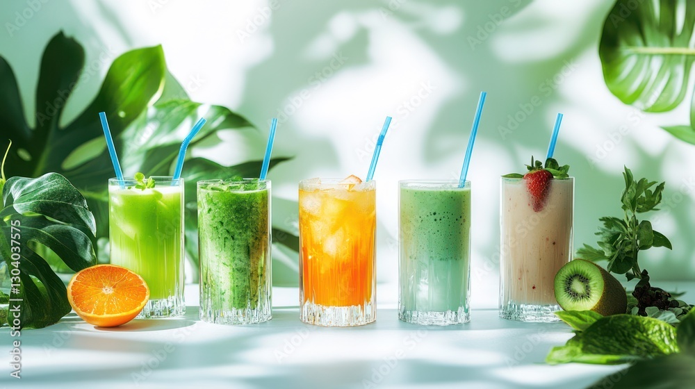 Fototapeta premium Refreshing fruit smoothies, summer drinks, tropical leaves, sunlight background, healthy lifestyle