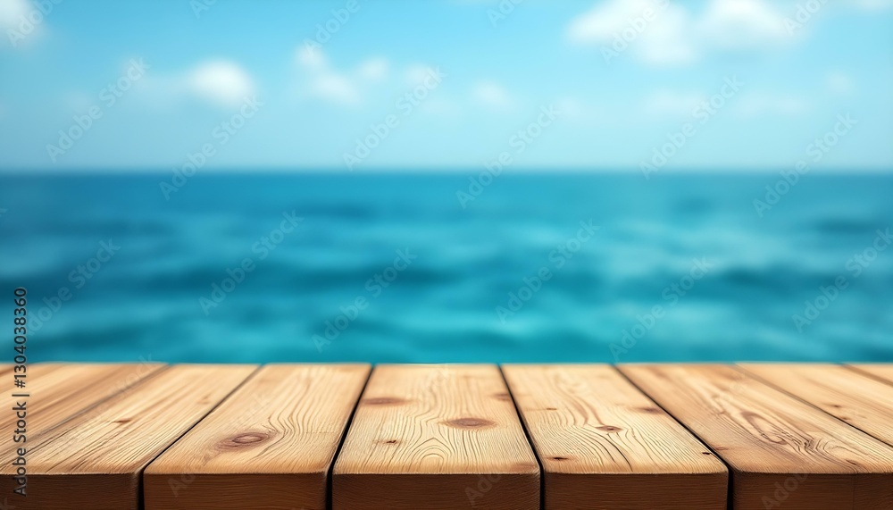 An empty wooden table top by the sea, framed by tropical trees, ideal for a relaxing summer beach scene An empty wooden table top by the sea, framed by tropical trees, ideal for a relaxing summer beach scene