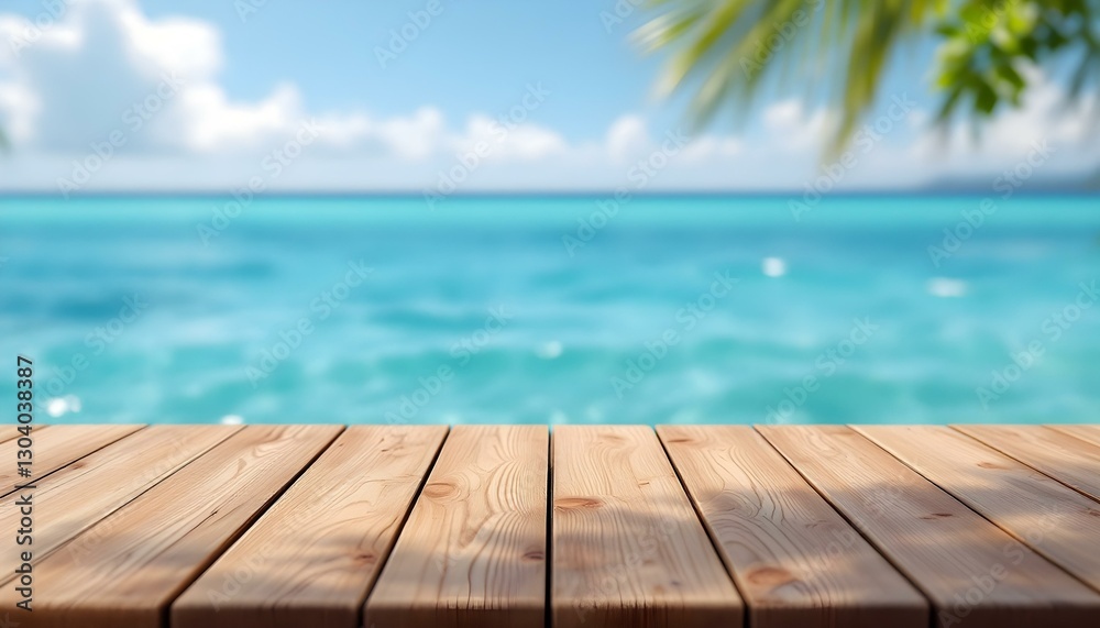 A vacant wooden tabletop with a view of the sea and tropical trees, reminiscent of a summer beach getaway A vacant wooden tabletop with a view of the sea and tropical trees, reminiscent of a summer beach getaway