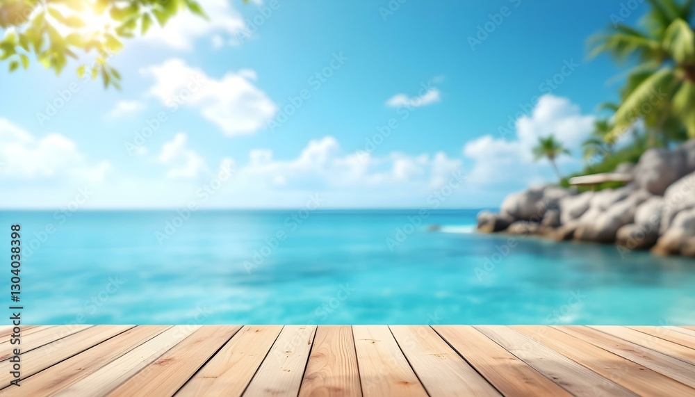 Fototapeta premium A serene wooden table top set against the sea and tropical trees, perfect for a summer beach getaway