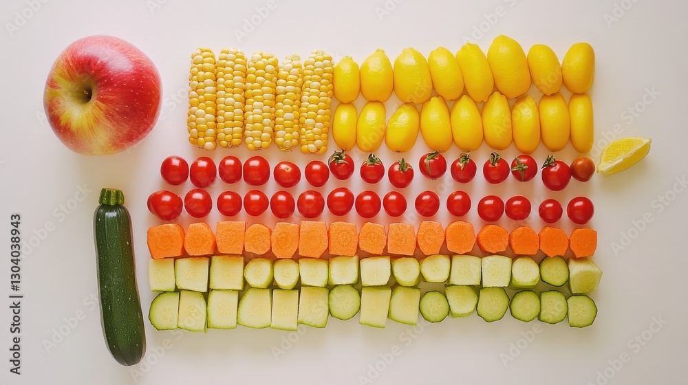 Colorful fruit and vegetable arrangement, flat lay, healthy eating, white background, food photography Colorful fruit and vegetable arrangement, flat lay, healthy eating, white background, food photography