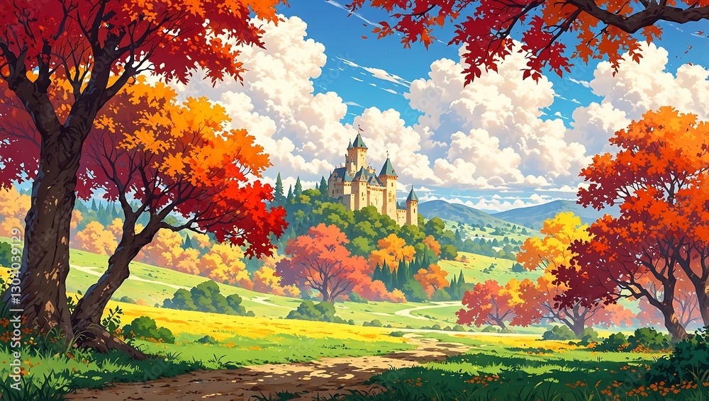 Fototapeta premium Tranquil Fall Countryside castle on top of the hill in Anime Art – Scenic Autumn Path, Vibrant Trees, and a Dreamy Outdoor