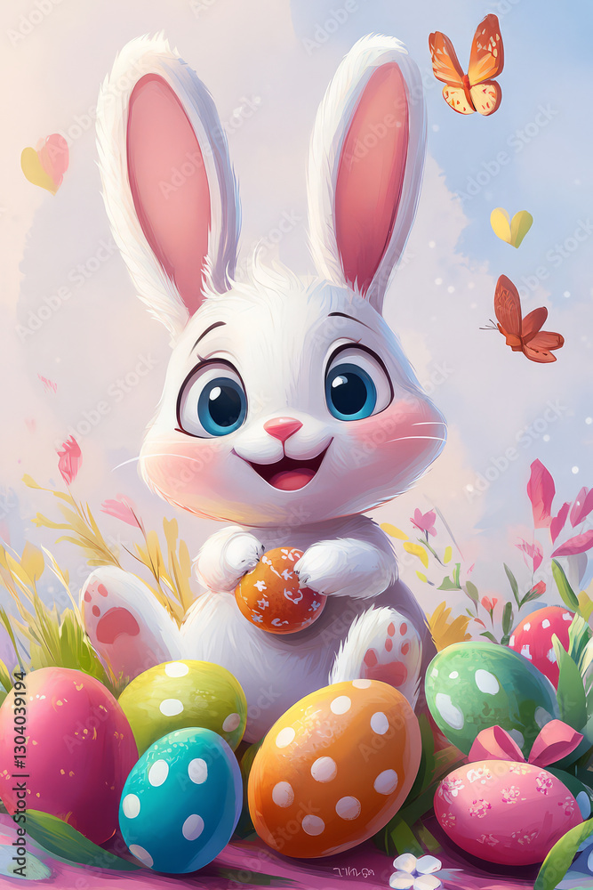 Obraz premium playful cartoon bunny holding Easter egg surrounded by colorful eggs, flowers, and butterflies