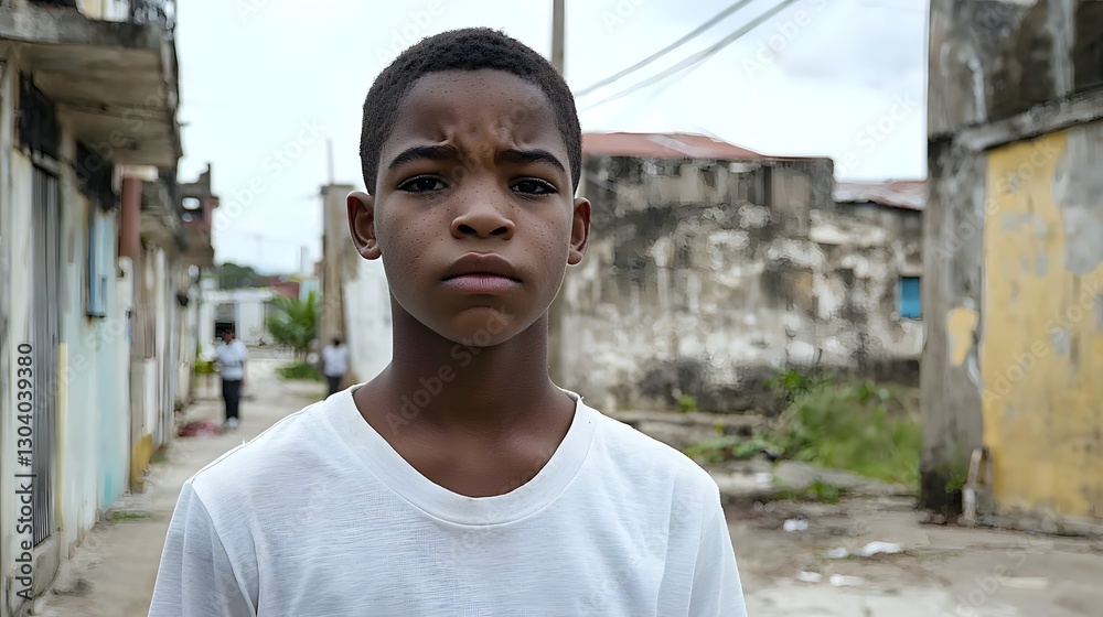 Obraz premium Close up portrait of a Caribbean teenage boy with a tense worried expression creased brows and a tight jawline revealing hidden anxiety in an urban outdoor environment