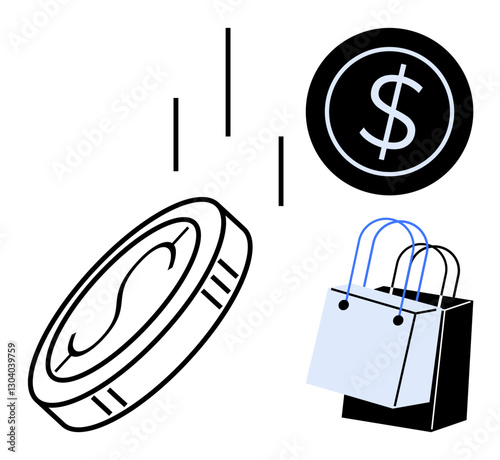 Coins falling beside a shopping bag highlighting financial transactions, spending, and purchasing power. Ideal for e-commerce, digital marketing, online shopping, consumer behavior, financial growth