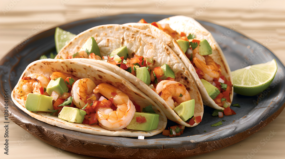Shrimp tacos filled with avocado, fresh salsa, and lime slices create delicious meal Shrimp tacos filled with avocado, fresh salsa, and lime slices create delicious meal