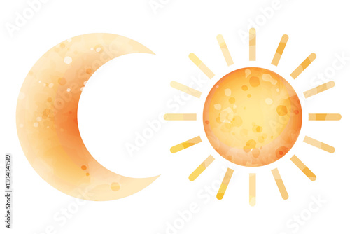 Crescent moon and sun. Vector watercolor stylized cute illustration of celestial bodies