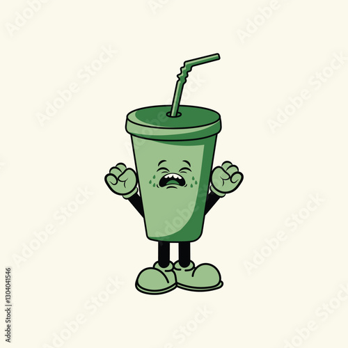 green plastic cup character vector illustration with sad expression. Cream background