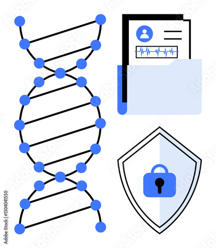 DNA double helix structure, medical records folder with charts, and shield with lock symbol. Ideal for genetics, healthcare, data privacy, medical research, cybersecurity, digital health