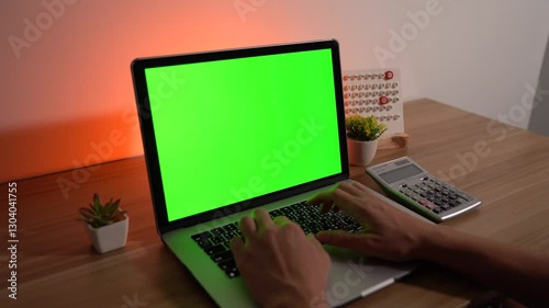 Laptop and Green Screen: A close-up of hands typing on a laptop with a green screen, surrounded by office accessories, emphasizing technology and work