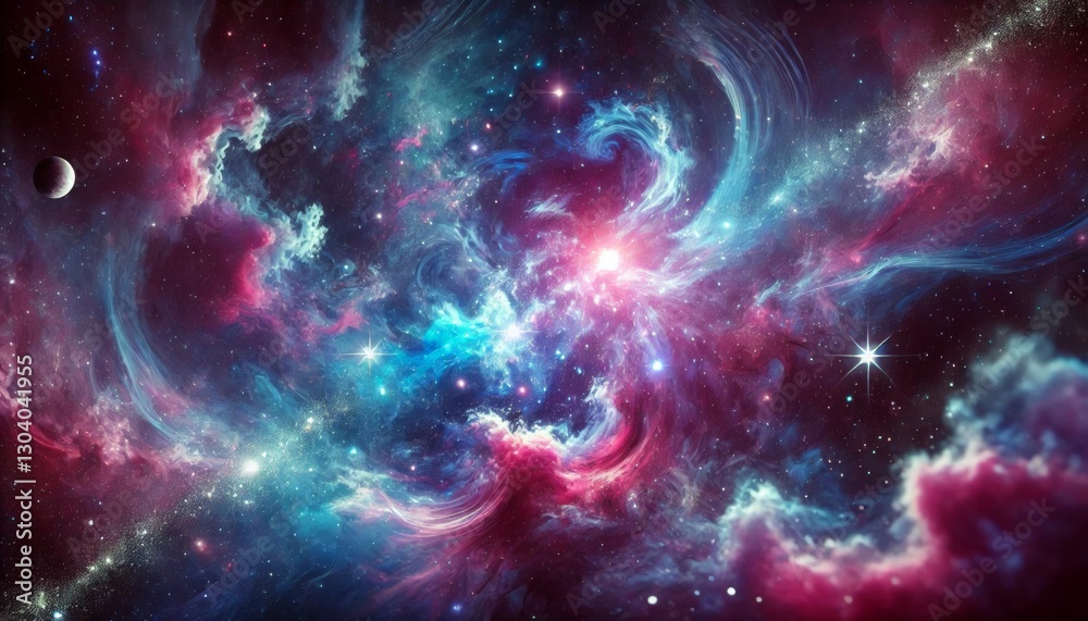 A cosmic galaxy abstract background featuring swirling nebulae, bright star A cosmic galaxy abstract background featuring swirling nebulae, bright star