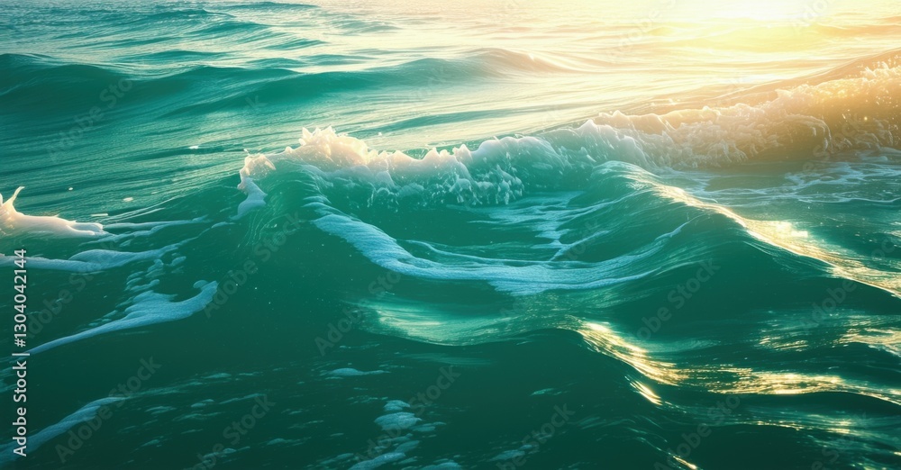 Fototapeta premium Tranquil jade green sea blending golden sunset light gentle waves breaking soft foam microplastic particles floating within untouched beauty