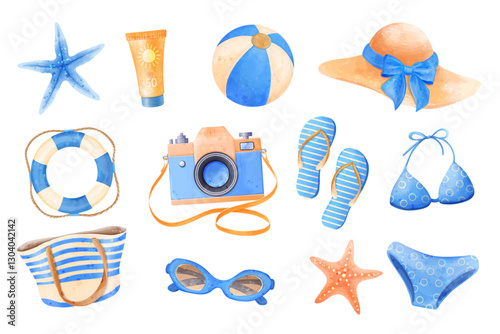 Set for vacation on the beach.Vector watercolor illustrations