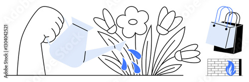 Hand watering blooming flowers with watering can, shopping bags on black and white, and a brick wall with a blue flame. Ideal for gardening, nature, shopping, care, growth, sustainability