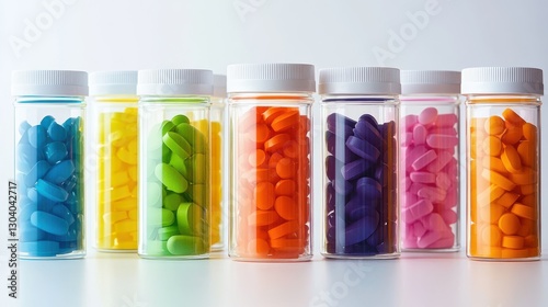 Close-up of colorful weight loss pills in clear jars, labeled for fat burning and slimming, arranged neatly on a white background, minimalistic and vibrant. photo
