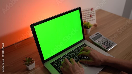Laptop Workspace: Hands typing on a modern laptop with green screen, keyboard, and a neutral backdrop, showcasing a workspace setup for productivity and tech