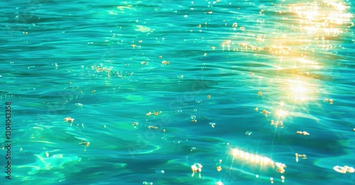 Vibrant turquoise water golden sunbeams penetrating surface warm light refracting ripples tiny plastic particles drifting within clarity