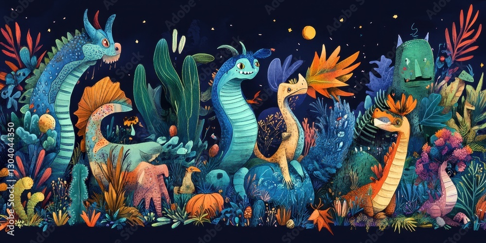 Naklejka premium A whimsical illustration depicts many fantastical creatures in a vibrant forest