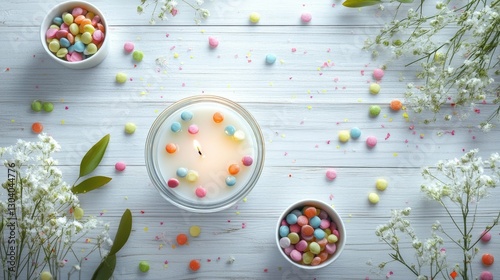 Tranquil Candlelit Scene with Sweet Candies Aesthetic Display of Flowers and Pastel Decor Perfect and isolated on the beautiful  background 