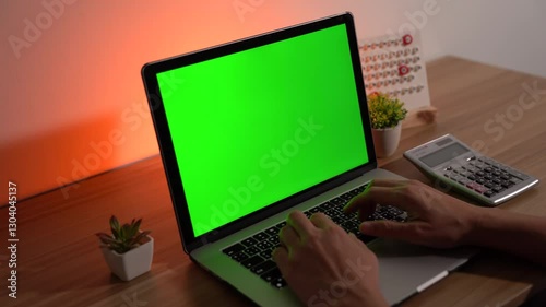 Laptop Workspace: Hands typing on a laptop with a vibrant green screen, situated on a wooden desk with calculator and calendar. A study in modern productivity and technology.