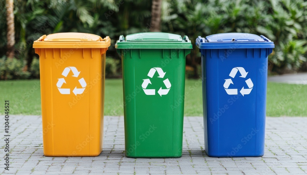 Green infrastructure concept for sustainable climate mitigation. Three recycling bins in yellow, green and blue set against a lush background. Green infrastructure concept for sustainable climate mitigation. Three recycling bins in yellow, green and blue set against a lush background.