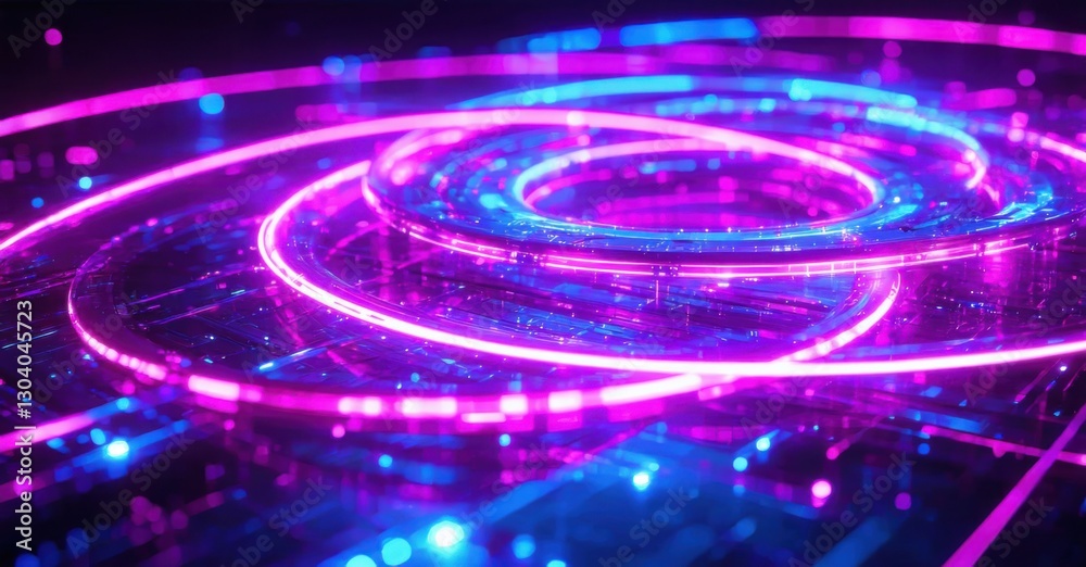 Cybernetic neon composition sharp glowing rings deep magenta electric blue radiant white fine detailing futuristic motion blur effects Cybernetic neon composition sharp glowing rings deep magenta electric blue radiant white fine detailing futuristic motion blur effects