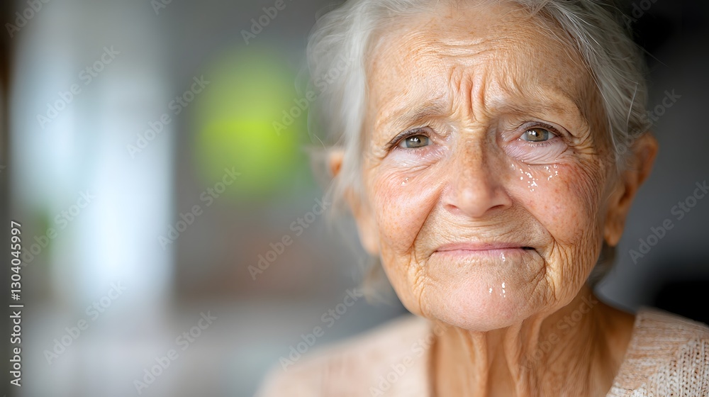 Closeup portrait of an elderly European woman with a soft pensive smile and tears in her eyes conveying a mixture of sadness and hope through her weathered yet expressive features Closeup portrait of an elderly European woman with a soft pensive smile and tears in her eyes conveying a mixture of sadness and hope through her weathered yet expressive features
