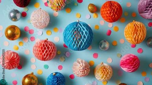 Vibrant Mix of Colorful Textured Ornaments on Light Blue Background