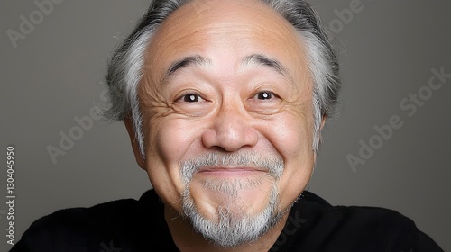 Closeup portrait of an elderly Asian man with an amused twinkling eyed smirk conveying a sense of humor and positive disposition photo