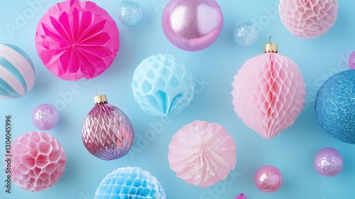 Vibrant Mix of Colorful Textured Ornaments on Light Blue Background