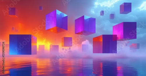 Digital modern art floating cubes bright coral cosmic purple sky blue smooth soft reflections subtle glowing highlights