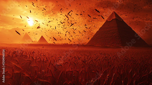 Locust Swarm Over Egypt: Pyramids Shrouded in Dusk as Citizens Flee Through Wheat Fields Under Blood-Red Sky