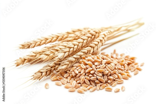 Golden Wheat Stalks and Grains on White Background