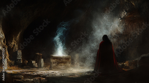 Blood Moon Ritual: The Witch Conjures Samuel's Spirit Amidst Dark Smoke in a Shadowy Cave