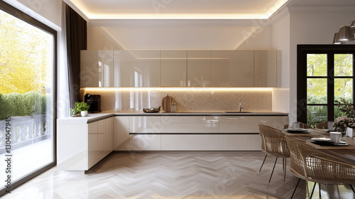 Modern high gloss kitchen with sleek cabinets, elegant lighting, and cozy dining area. design features minimalist aesthetic, perfect for contemporary living