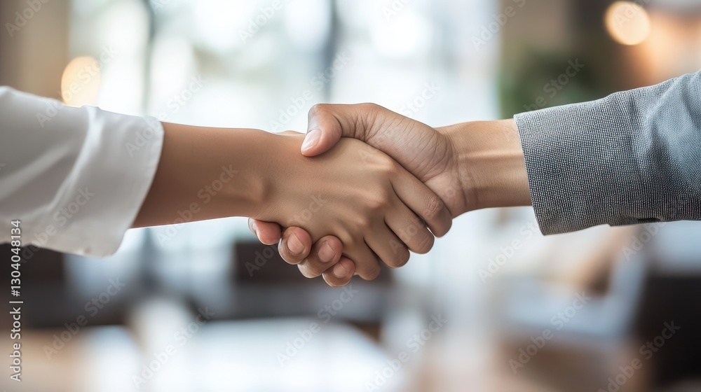Professional interview success, two employers shaking hands with young Asian woman in office, career and business setting. Professional interview success, two employers shaking hands with young Asian woman in office, career and business setting.