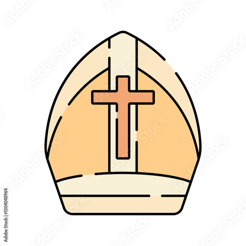 Bishop Mitre Flat design style, a ceremonial hat with a cross, symbolizing church leadership, suitable for religious education, Catholic-themed designs, and Easter visuals.