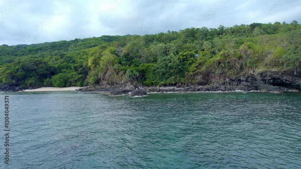 Stunning aerial drone view of a white sand beach in Aimere, Indonesia, with lush green forests and coconut trees. Perfect for travel, nature, and tropical paradise footage. Stunning aerial drone view of a white sand beach in Aimere, Indonesia, with lush green forests and coconut trees. Perfect for travel, nature, and tropical paradise footage.