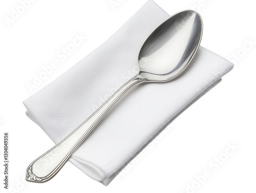 A polished silver spoon rests on a folded white napkin, showcasing its elegant design and smooth surface, Transparent background.