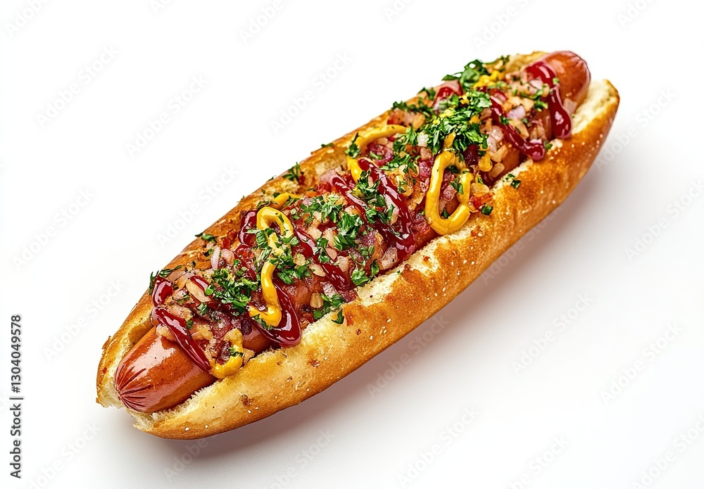 A Delicious Hot Dog Topped with Ketchup Mustard and Parsley on a White Background A Delicious Hot Dog Topped with Ketchup Mustard and Parsley on a White Background