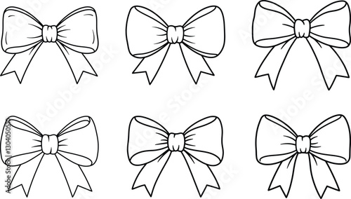 Hand-Drawn Bow Set - Black and White Outline Illustration