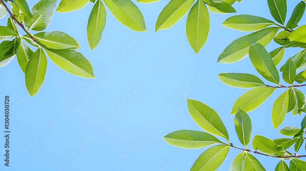 Bright Green Leaves Frame Against a Clear Blue Sky Bright Green Leaves Frame Against a Clear Blue Sky