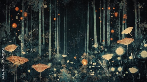 A dark whimsical forest illustration with glowing orbs and flowers