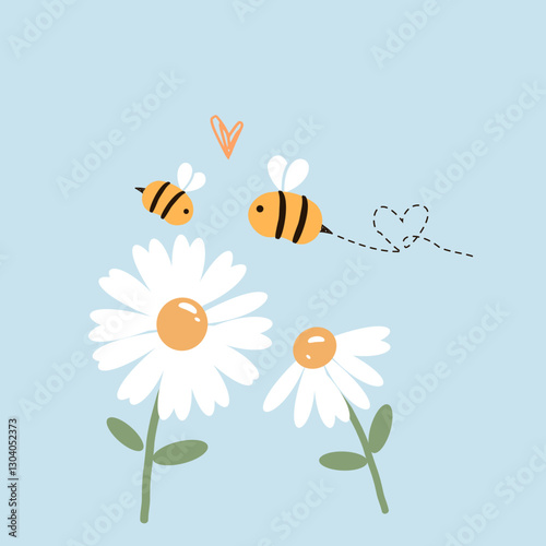 Mother's day card with daisy flower, green leaves and bee cartoons on blue background vector.