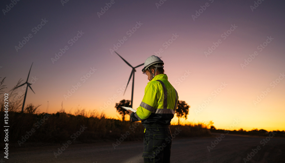 Fototapeta premium Engineer man working with tablet at windmill farm Generating electricity clean energy. Wind turbine farm generator by alternative green energy.