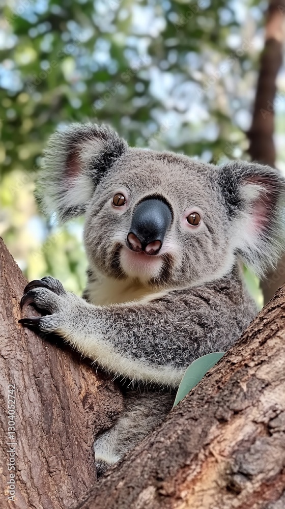 Obraz premium Koala in eucalyptus tree, park, sunny day