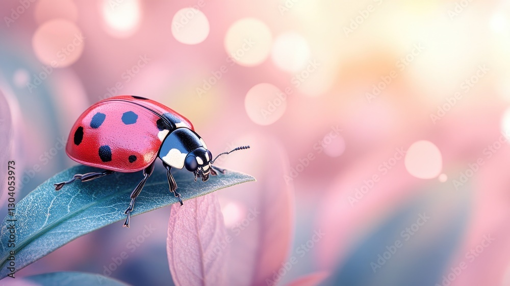 Fototapeta premium Ladybug on leaf, spring blossoms, soft light, nature scene, peaceful